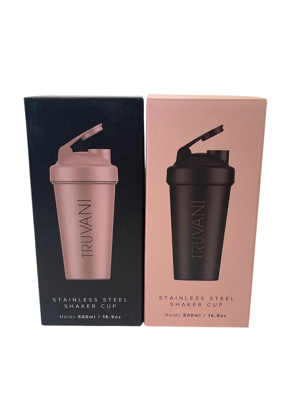 NEW In Box TWO Truvani Stainless Steel Shaker Cups Pink & Black 16.9 oz/500 ml